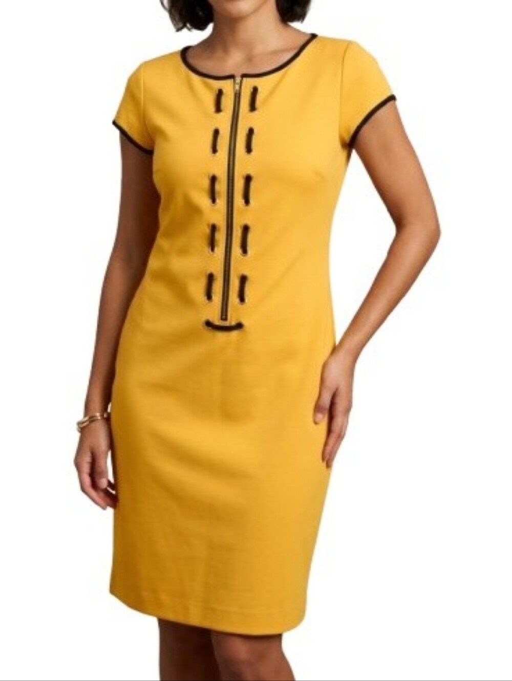 Shelby & Palmer Yellow Sheath Dress Black Trim Zipper Front Short Sleeves